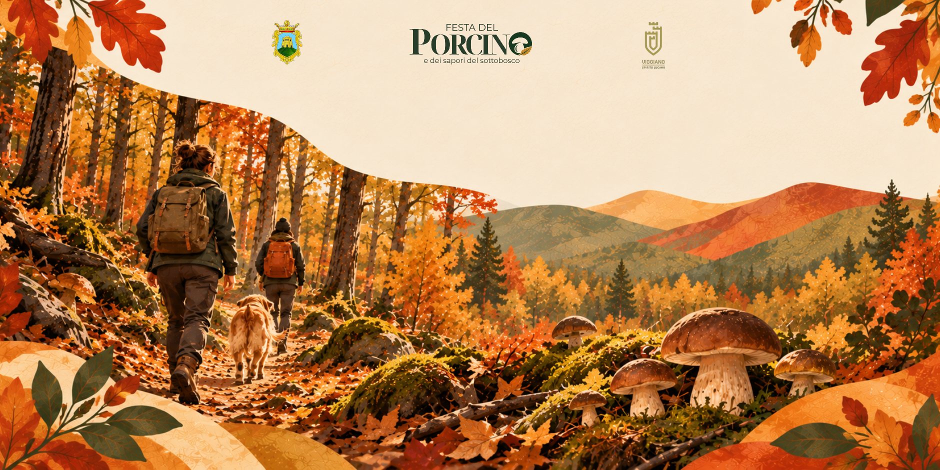 Illustrazione di due escursionisti con un cane su un sentiero nel bosco autunnale, con grandi porcini in primo piano
