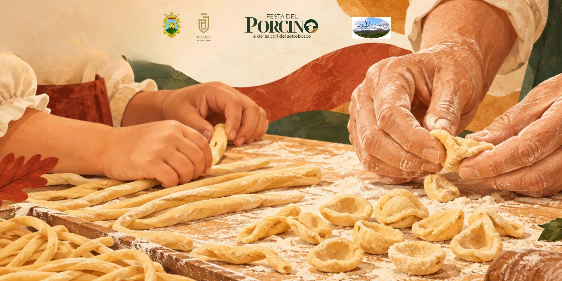 Illustrazione di mani che preparano a mano formati di pasta fresca su un tavolo di legno infarinato