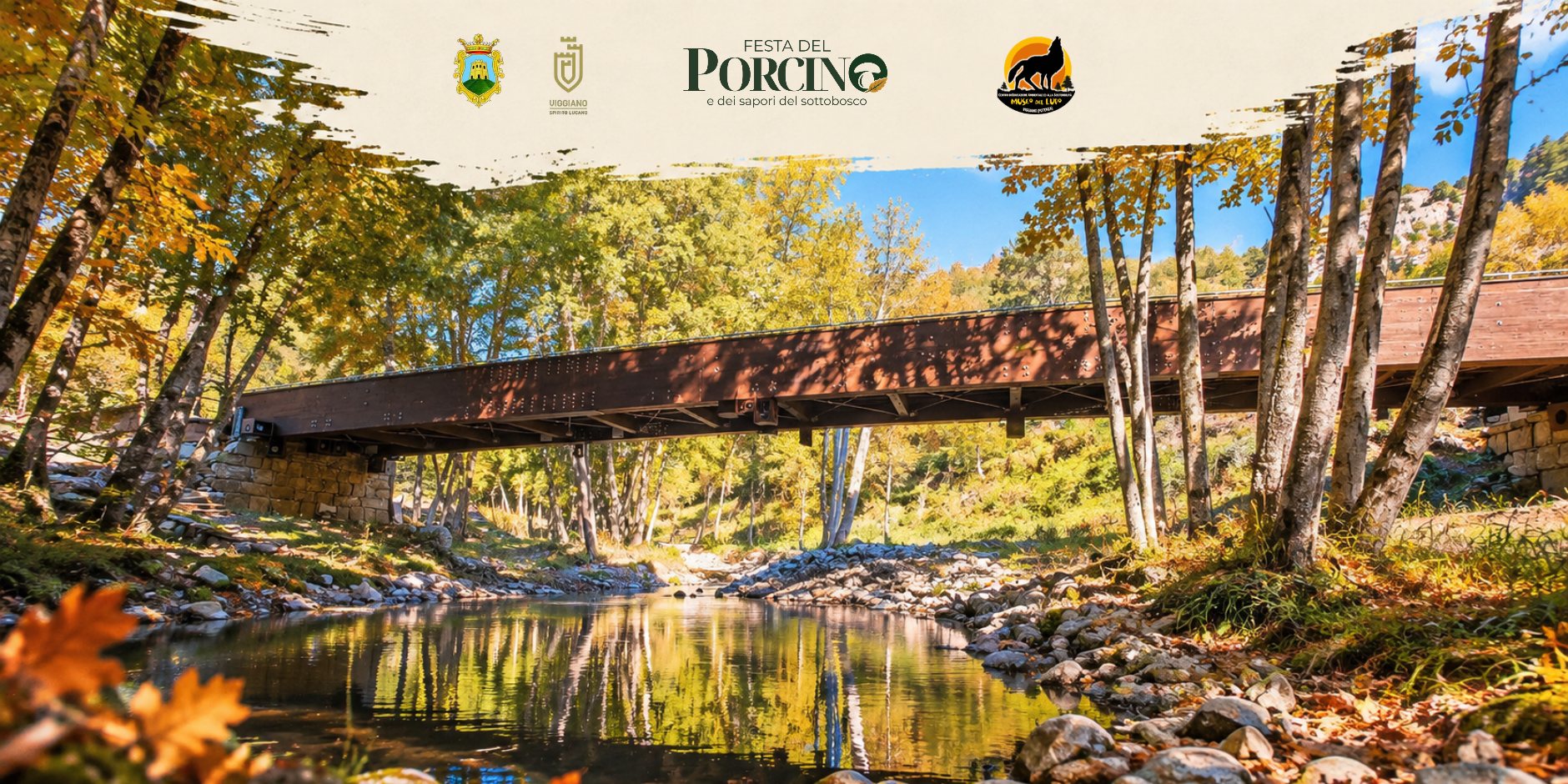 Fotografia di un ponte in legno e acciaio su un torrente, tra alberi dalle foglie gialle e arancioni